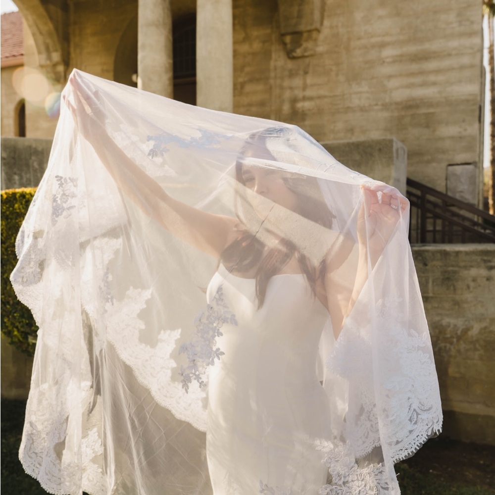 Elegant White Lace Bridal Veil Cathedral length